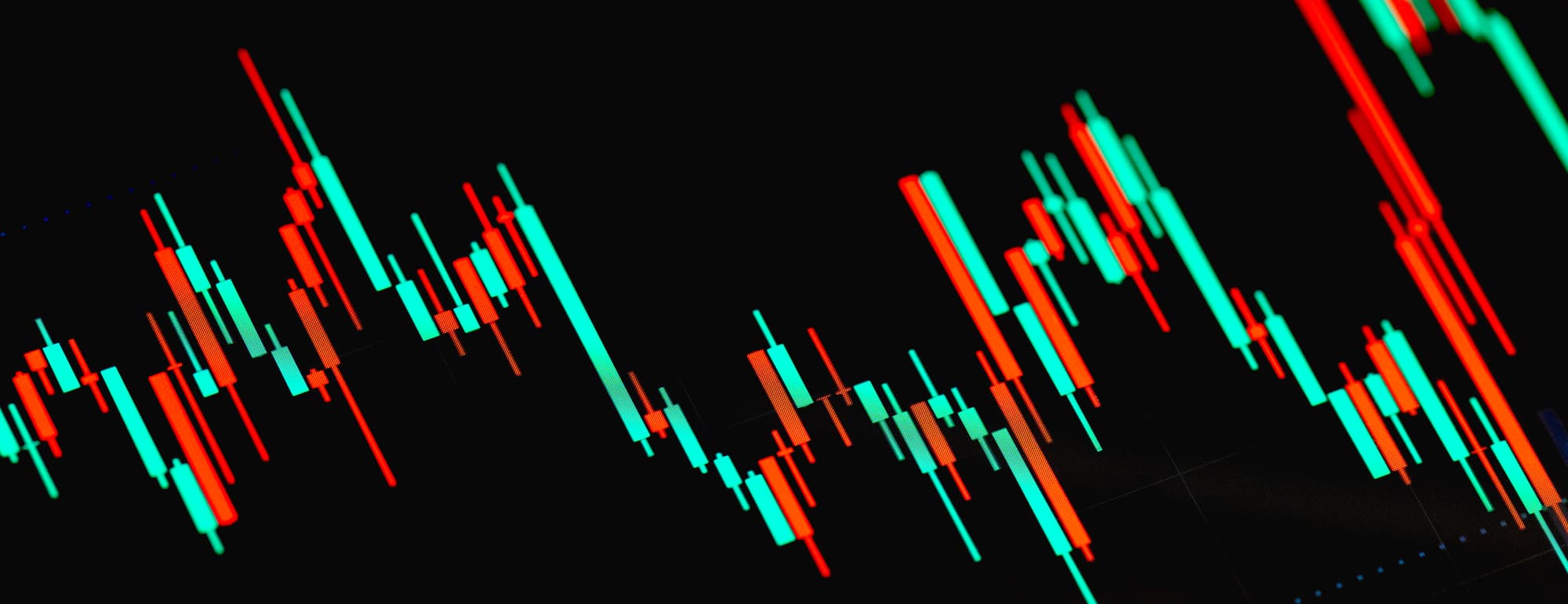 A closeup of a stock market exchange candlestick chart graph.