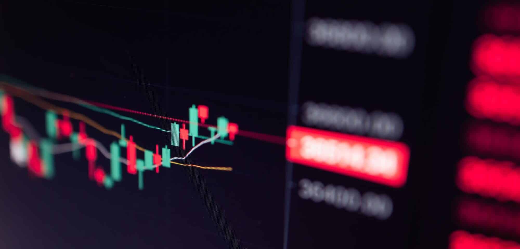 Close up of Bitcoin and Cryptocurrency stock market exchange candlestick