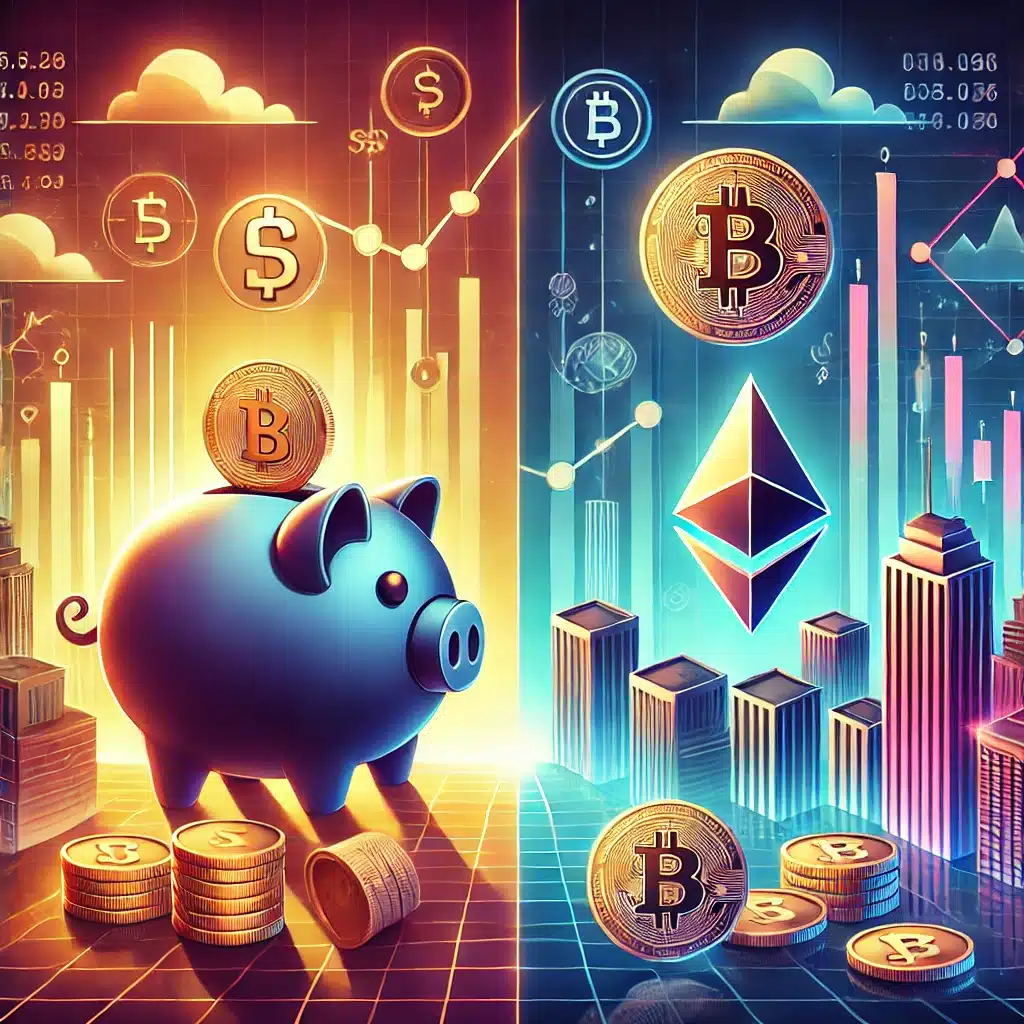 dall·e 2024 10 11 22.55.33 a split screen concept featuring two contrasting scenes. on one side, a safe and stable investment, represented by a piggy bank with gold coins around