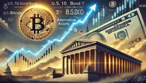 a landscape financial scene showing rising bond yields and alternative assets like bitcoin, with u.s. 10 year bond graph climbing upward on one side a