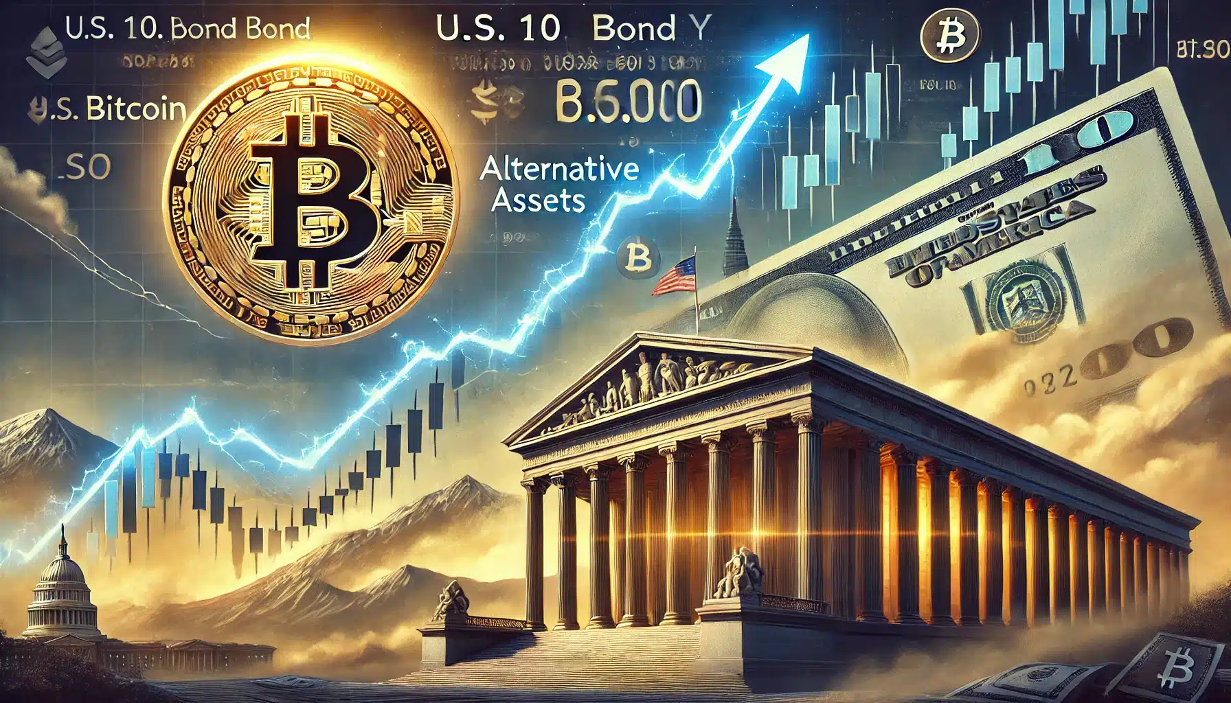 a landscape financial scene showing rising bond yields and alternative assets like bitcoin, with u.s. 10 year bond graph climbing upward on one side a