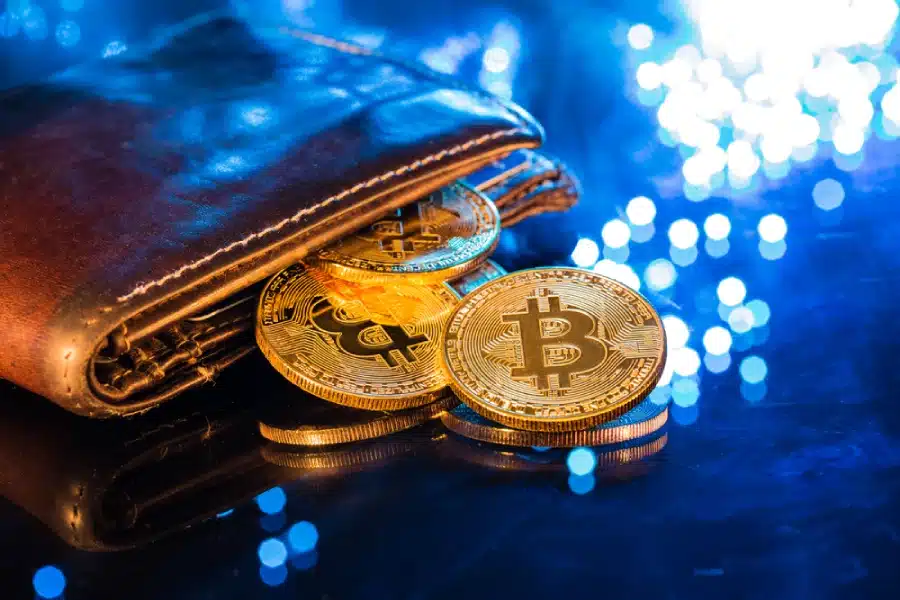 A wallet with Bitcoins.