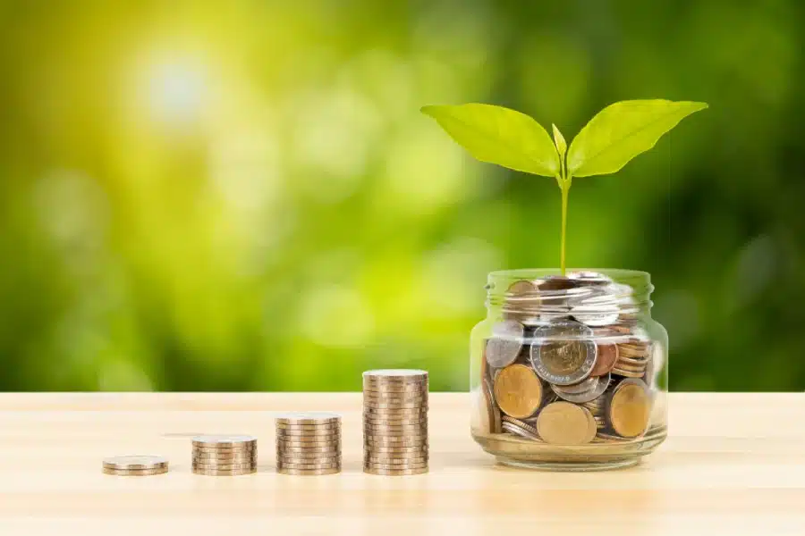 Coins adding up in a jar, with a plant growing out of it.