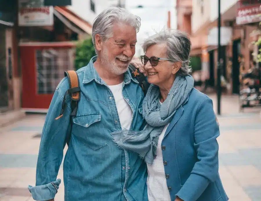 A retired couple laughing as they walk down main street.